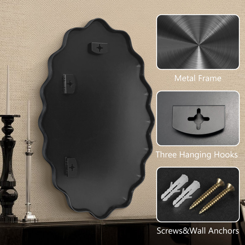 Miroir mural élégant et ovale ondulé, Noir, noir, noir, noir, 36" x 24"