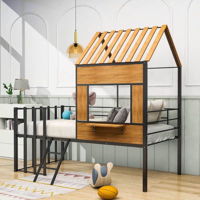 Mcenroe Twin Size Metal House Loft Bed, Silver