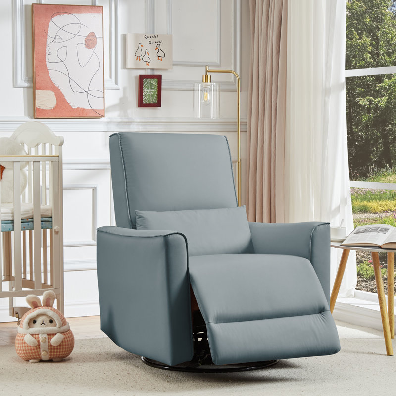 Manual Swivel Rocking Recliner Chair, High Backrest Single Sofa with Padded Armrests & Lumbar Support, Easy-Clean PU Leather for Living Room or Bedroom, Grey