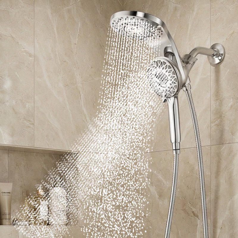 Brushed Nickel Magnetic Dual Shower Head With Handheld Sprayer And Waterfall Mode, Brushed Nickel