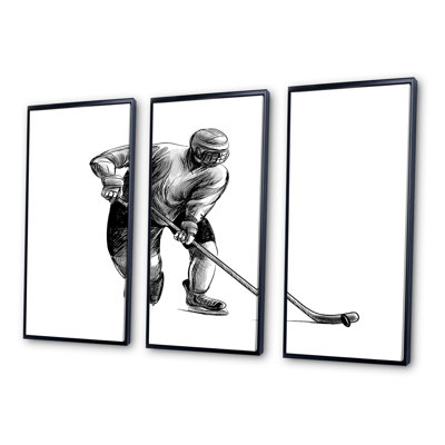 Esquisse d'un joueur de hockey dans un sport d'hiver - reproduction de cadre flottant 3 pièces sur toile
