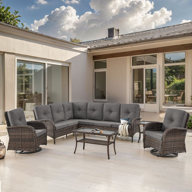 Valierius L-Shaped Outdoor Sectional Sofa Set With Swivel Glider Chairs, PE Wicker, Water-Resistant Cushions, Gray