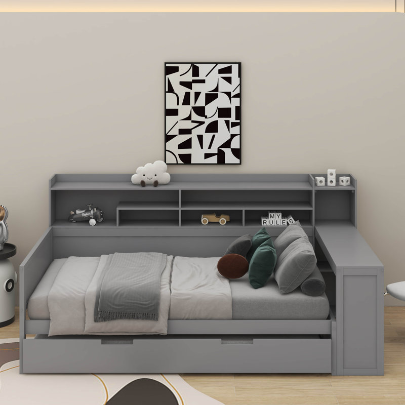 Lit de jour en bois avec tablettes de rangement, lit multifonctionnel avec lit gigogne simple et bureau d'étude, Lit simple