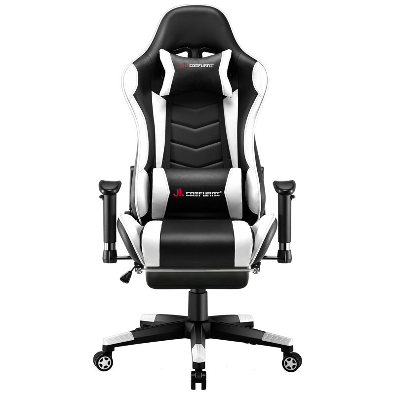 JL Comfurni Adjustable Reclining Ergonomic Faux Leather Swiveling PC & Racing Game Chair with Footrest, Black/White