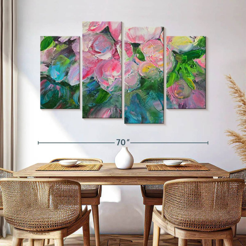 Ensemble de 4 pivoines abstraites sur toile, H 42 po x l 68 po x P 1,25 po