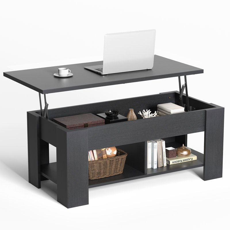 Rikiah Lift Top Extendable Coffee Table with 12cm Deep Storage, Black, Black