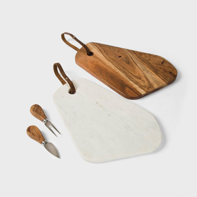  Marble and Acacia Wood White and Brown Cutting Board (Set of 2) 
