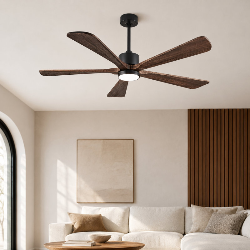 5-Blade Indoor Wood Ceiling Fan with Integrated LED Light, Remote Control, and Reversible Airflow, Deep Brown, 52