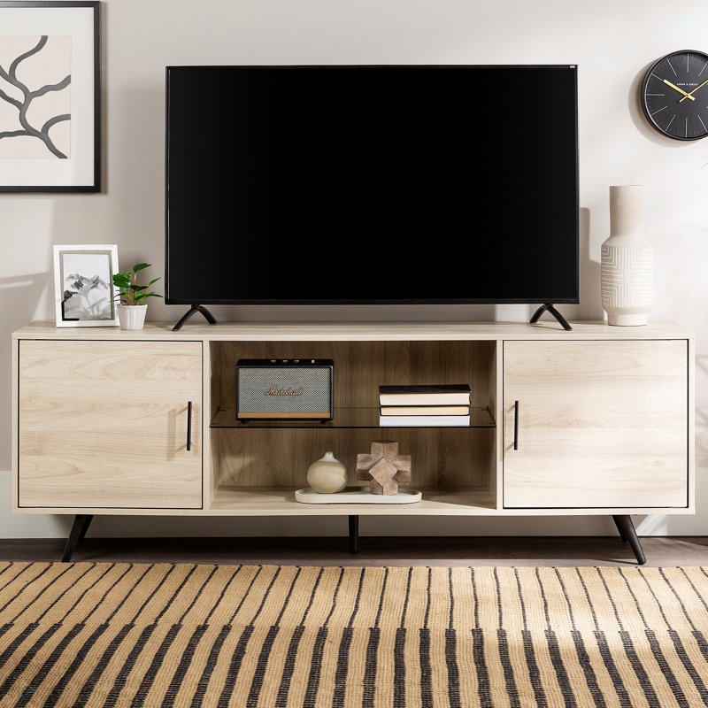 Mid-Century Modern 2-Door 70" TV Stand For 80" Tvs With Glass Shelf, Light Brown