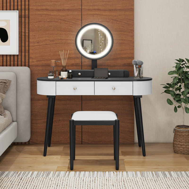 Ensemble de coiffeuse avec miroir à DEL, 3 pansements réglables avec interrupteur tactile, 4 tiroirs, tabouret rembourré