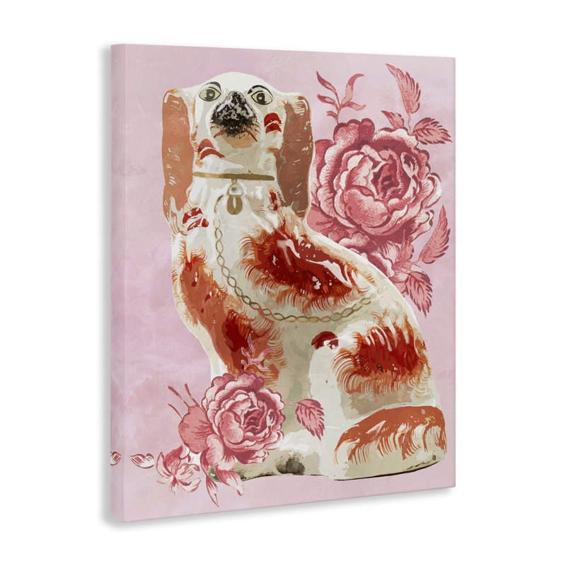 Art d'épagneul antique sur toile rose, par Lil 'Rue, H 30 po x l 24 po