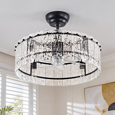 Ventilateur de plafond à cage en cristal avec lumière et télécommande, Fandelier noir de 50 cm (19,68 po), DEL réversible et à intensité variable pour chambre à coucher ou salle à manger
