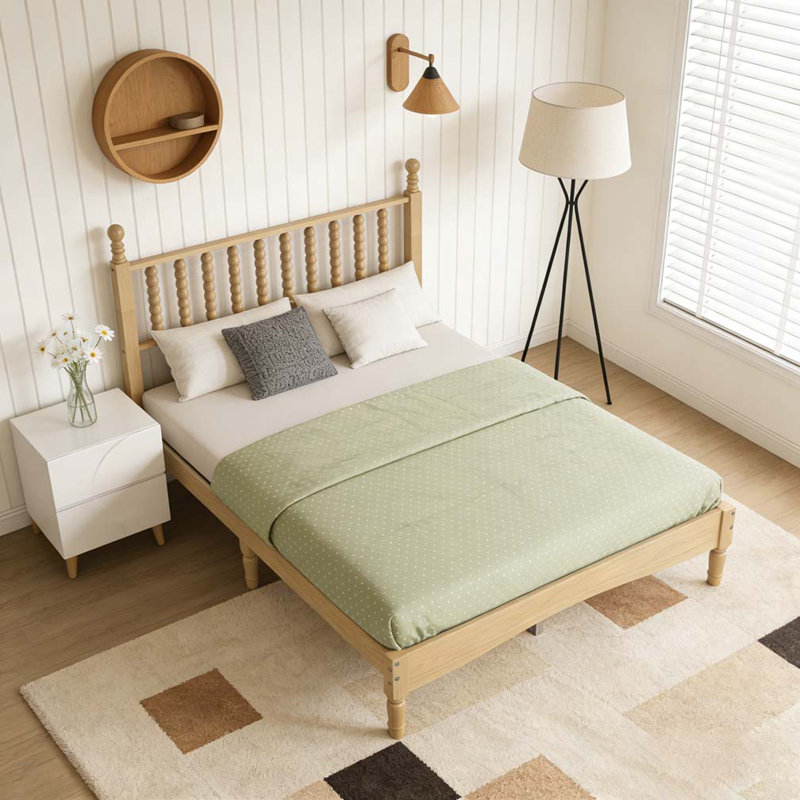 Lit plateforme en bois avec tête de lit en forme de gourde, Lit double
