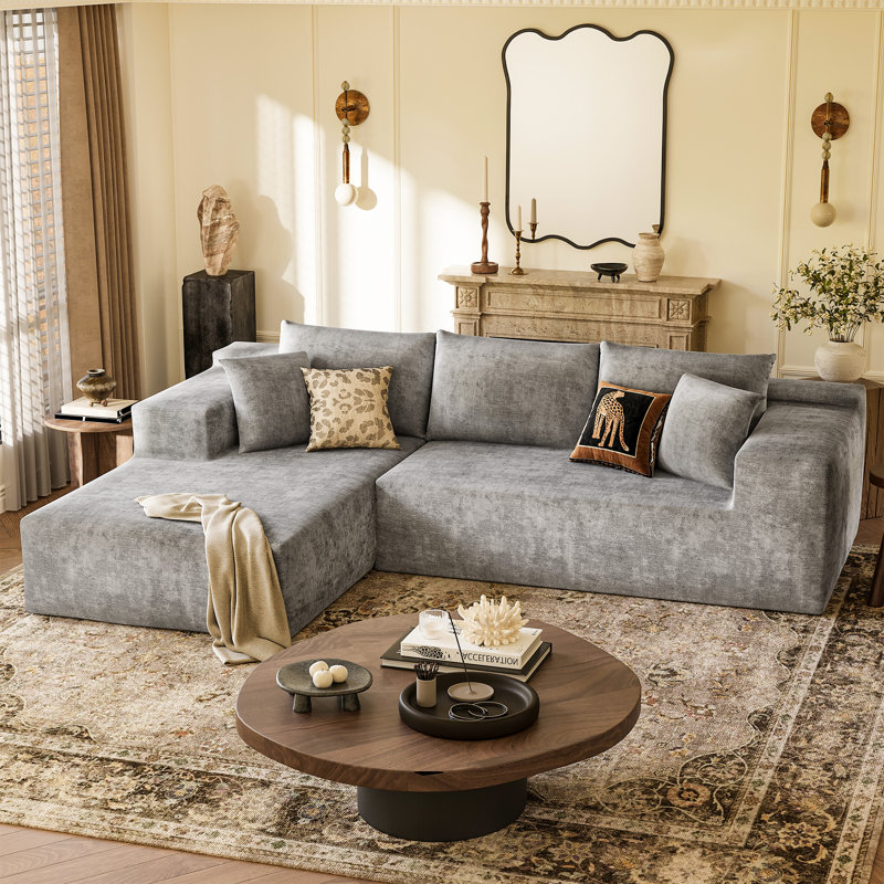 108" L-Shaped Compression Modular Sofa Sectional Couch, Dark Gray Chenille 