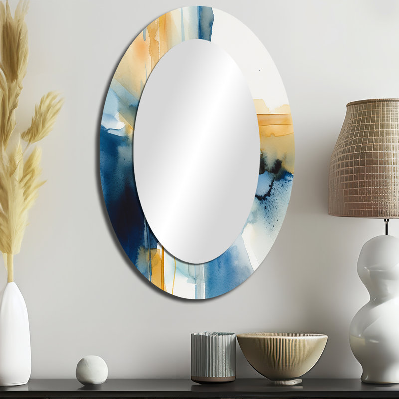 Blue And Gold Fusion IV - Modern Oval Wall Mirror, 36" x 24"