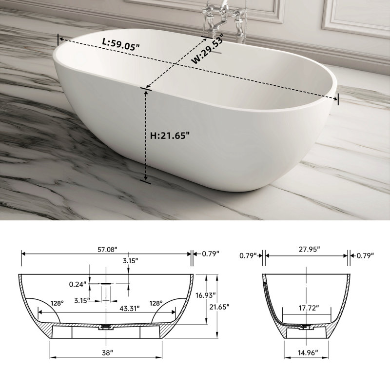 Baignoire de trempage à surface solide de 59 pouces - Baignoire profonde autoportante