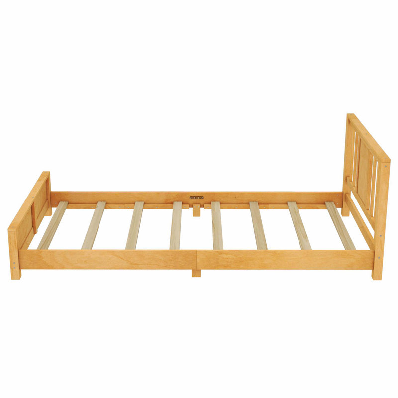 Structure de lit plateforme simple en bois massif avec tête de lit, lit de plancher à profil bas avec lattes de soutien, naturel