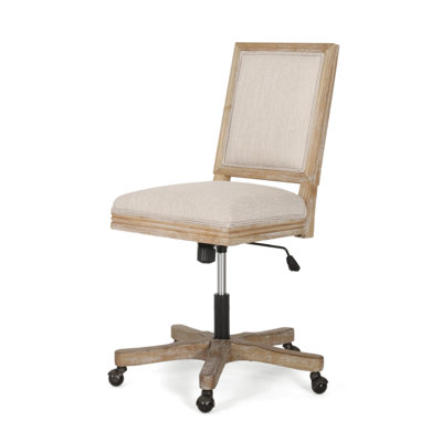 Swivel Rolling Office Chair, Beige Fabric, Weathered Light Brown Wood