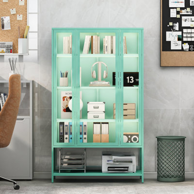 67.25'' Tall Iron Display Cabinet With Glass Door And LED Lights Steel Curio Cabinet For Collectibles Figures Trophies 3-Sided Glass Display Case For Home Office Study Room Stores Playroom - Cyan