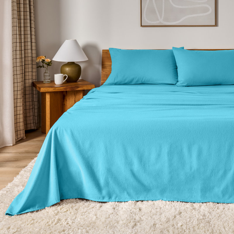 100% Cotton Solid Flannel Sheet Set, California King Sheet Set with 2 Pillowcases, Aqua