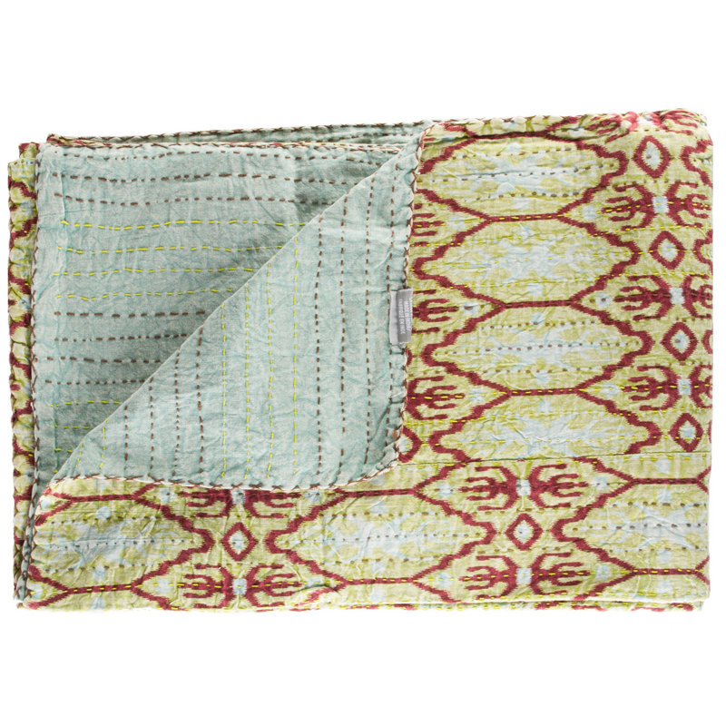 Handmade Sky Blue and Burgundy Cotton Kantha Throw Blanket