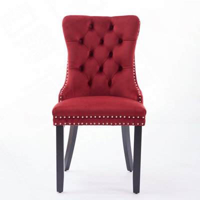 Velvet Upholstered Dining Chair with Wood Legs Nailhead Trim