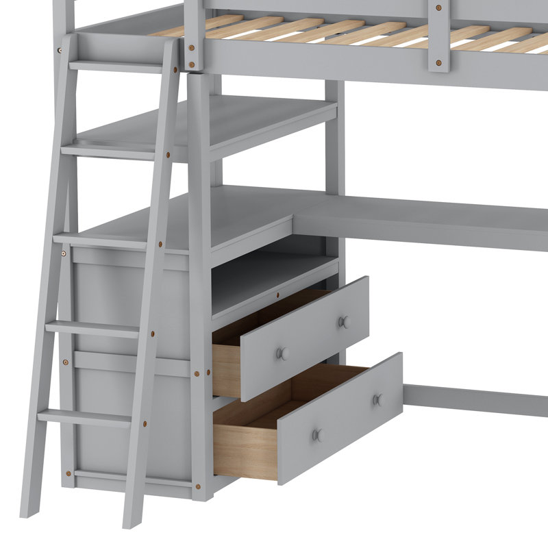 Ertis Twin 2 Drawer Solid Wood Loft Bed with Built-in-Desk by Harriet Bee, Gray