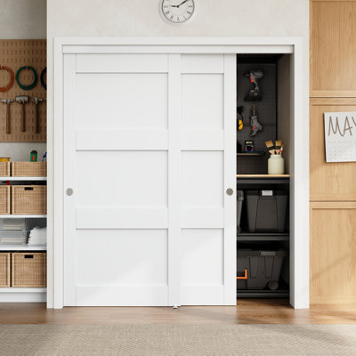 80" White Primed 1-Panel Or 3-Panels Closet Sliding Door With Hardware Kit & Handles