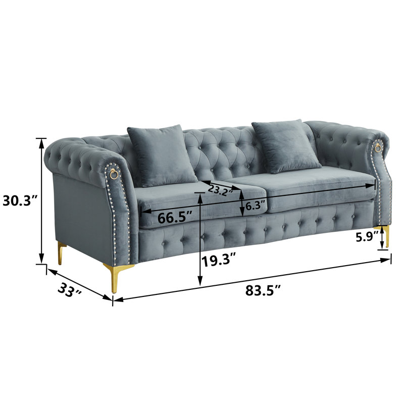 83.5'' Comfort Tufted Velvet Sofa with Wooden Frame, Gray