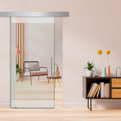 Porte de grange coulissante en verre sans cadre avec design moderne givré + ensemble de quincaillerie (non privé)