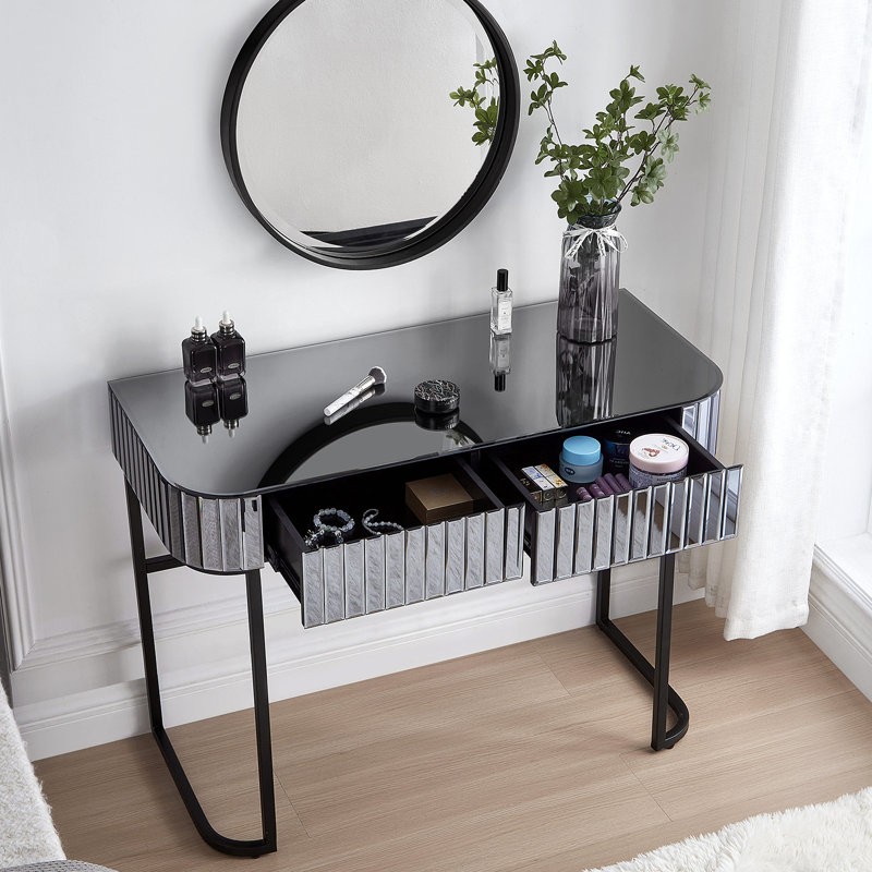 39" Mirrored Dressing Table With Stainless Steel Base, 2 Drawers, Grey