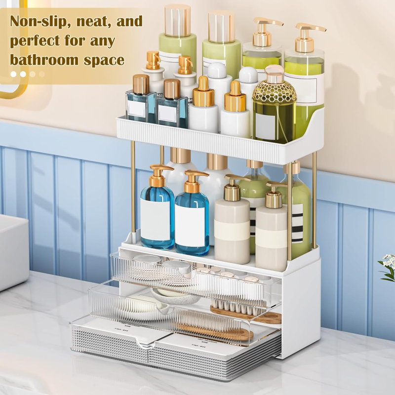 Organisateur de maquillage à 5 niveaux avec 3 tiroirs, rangement de comptoir de salle de bain transparent pour les produits de beauté, de parfum et de coiffeuse