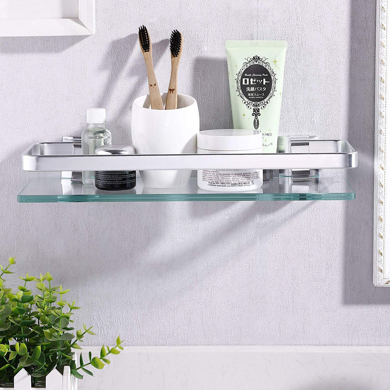 Bathroom Glass Floating Shelf with Rail Wall Mounted Shower Caddy, Silver