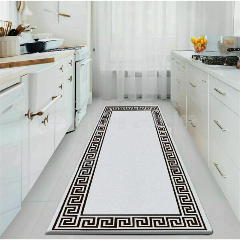 Plain Rug with Greek key Bordered Gel backed Rug Aleecia Cream/Black Rug, Rectangle 80 x 150cm