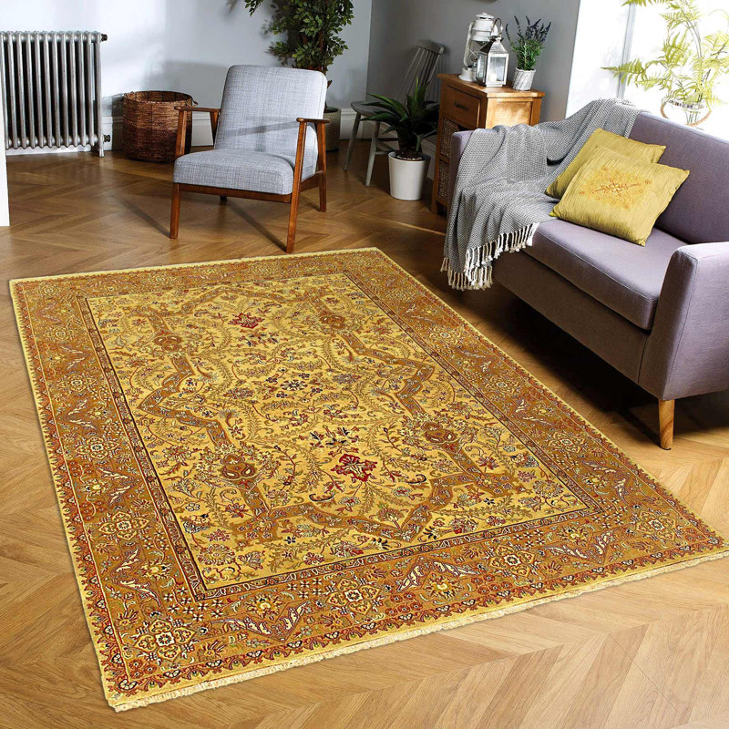 Tapis oriental doré / brun en laine / coton 8 pi 11 po x 6 pi Oriental