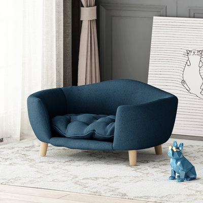 Lit pour chien de style moderne Mid-Century, bleu marine, coussins et pieds en bois de bouleau, assemblage bleu avec touche,