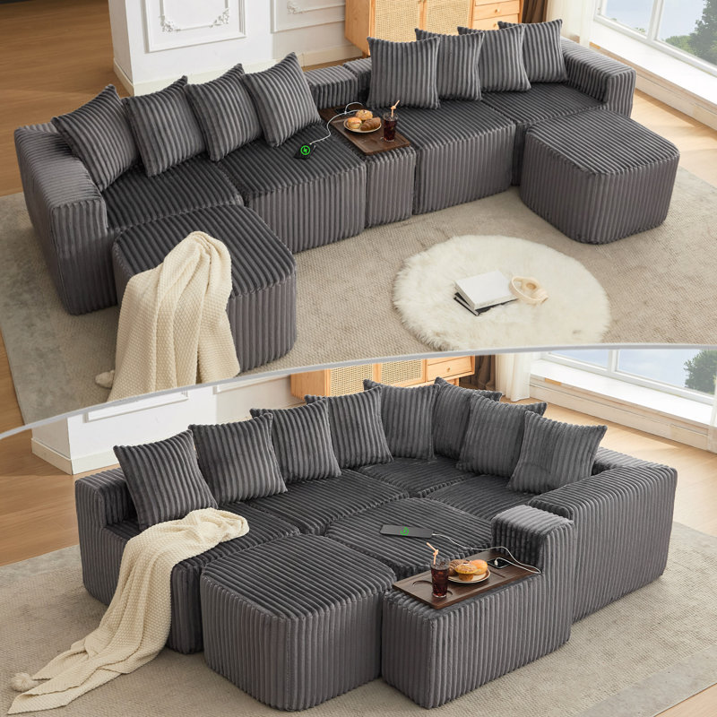 Canapé de 350 cm (137,5 po), chargement USB et sans fil, table basse avec porte-gobelet, canapé surdimensionné et déporté, repose-pieds amovible
