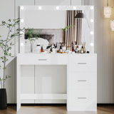 Jedidiah Makeup Vanity Table with Lights, Vanity Desk with Mirror, 4 Drawers, Dressing Table, White