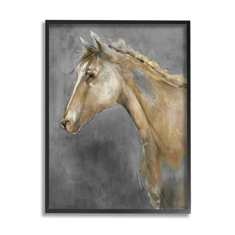 Cheval brun classique sur un motif de coups de pinceau gris par K. Nari - Peinture, H 30 po x l 24 po