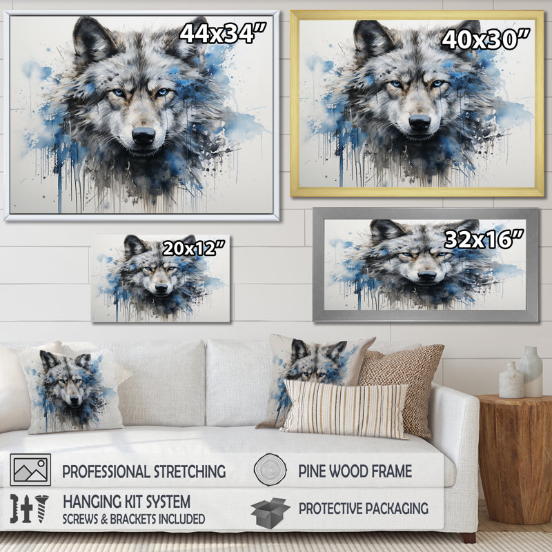 Minimalisme bleu et gris, expression de loup pour salon, Cadre flottant noir, H 34 po x l 44 po x P 1,5 po