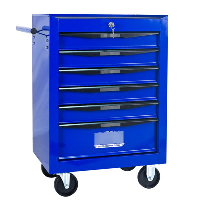 6 Tool Chest Cabinet, 20" Black And Blue Steel, Bearing Drawer Slides, 4 Wheels, Lockable, Pull Handle Workshop Trolley, Steel Material, + Blue, Drawers, , Lockable Design
