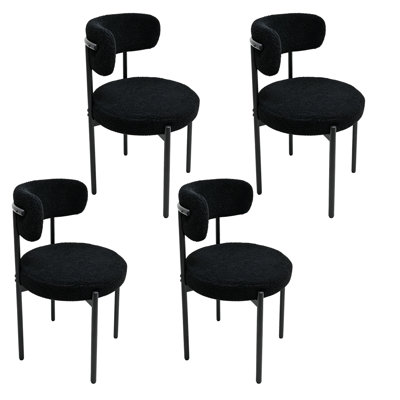 Medieval modern dining chair set, 4 pieces, round seat cushions, black metal legs, curved back kitchen dining chairs, suitable for restaurants and dining rooms, biack