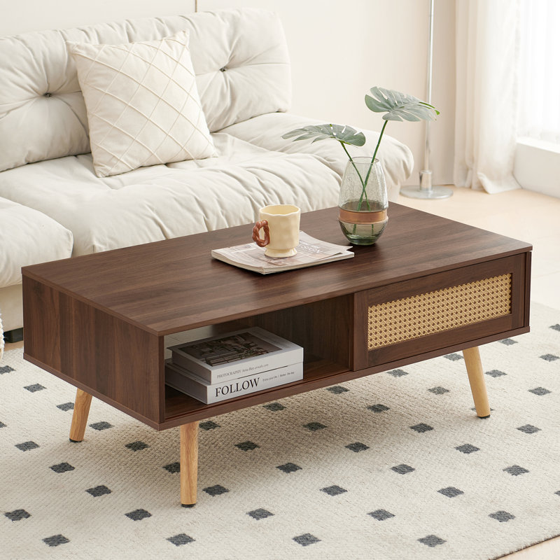 Table basse avec rangement en rotin Alessandria, Noyer