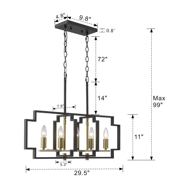 Luminaire suspendu pour îlot de cuisine 5 lumières noir et or