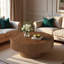 Round Coffee Table With Edge Grooves, Thick Tabletop And Cylindrical Base