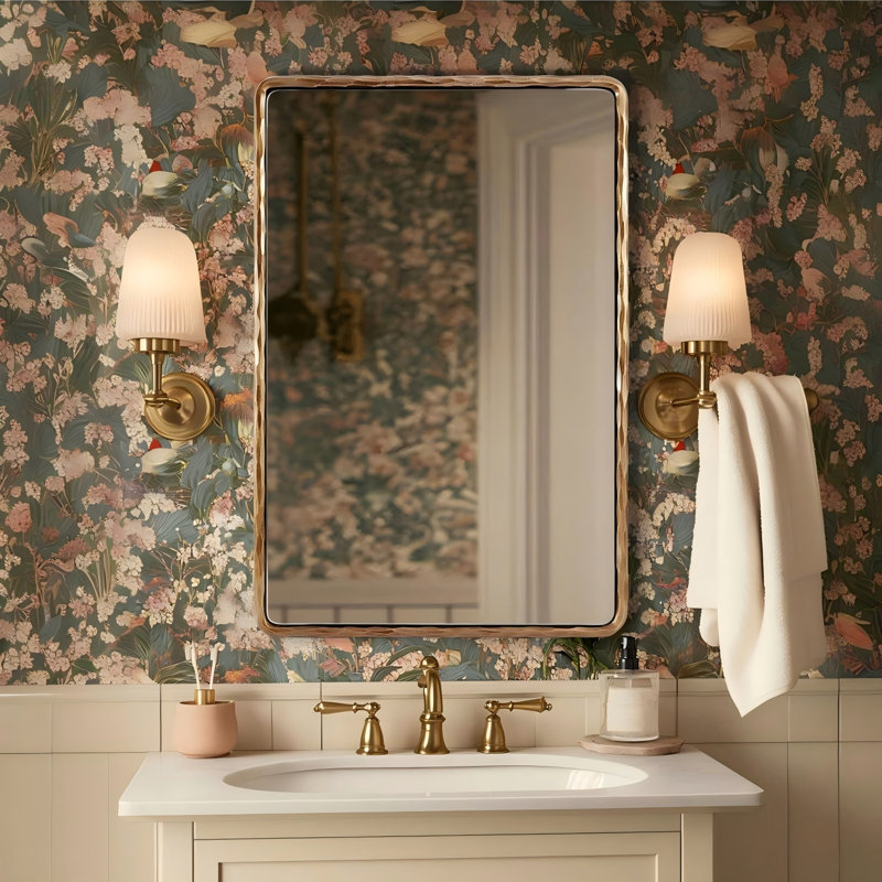 Miroir mural rectangulaire en fer forgé à la main Brunilde | Miroir de salle de bain rustique, 40 po x 30 po, Laiton forgé