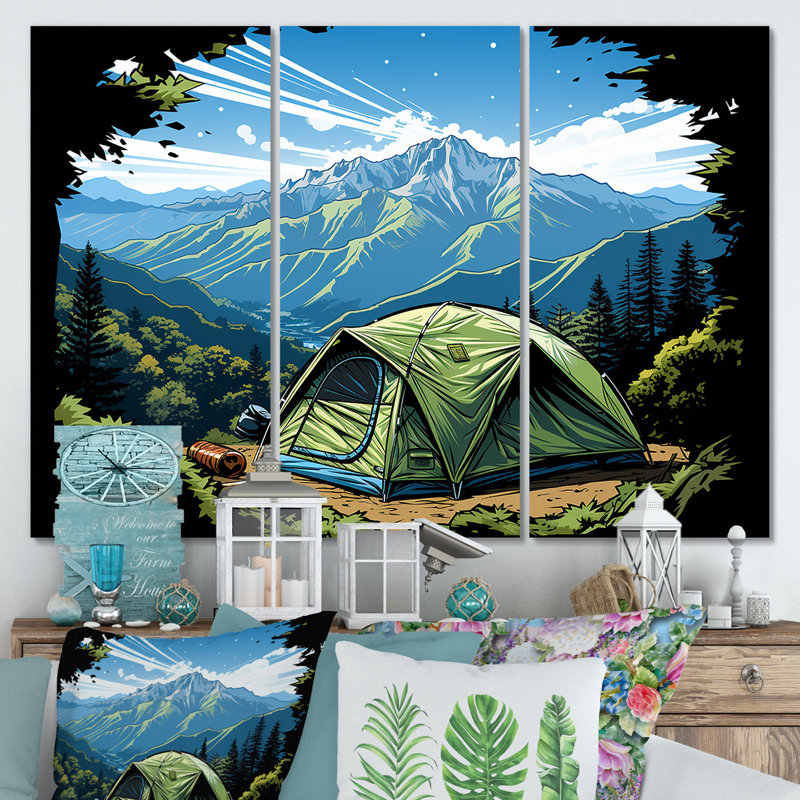 «Camping In Forest Retreat 2» - Art mural de voyage en camping, Toile tendue, H 32 po x l 48 po