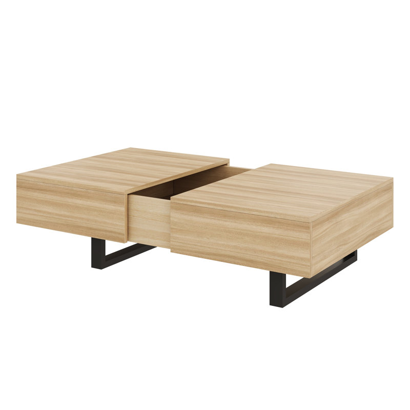 Table basse coulissante avec rangement dissimulé, plateau en bois extensible, Naturel