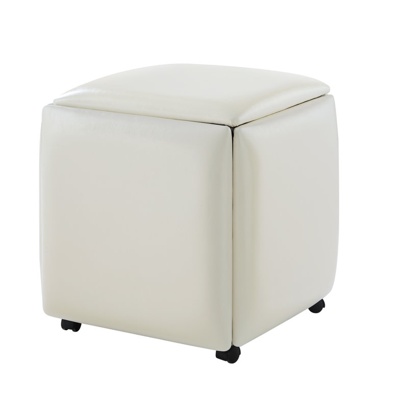 Loft Lyfe Keagan Leather Pu 5 Piece Nesting Ottoman/Stool Set, Cream White Faux Leather
