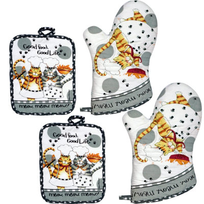 Oven Mitts and Pot Holders Sets, Funny Kitchen Oven Mitts Heat Resistant of 500 Degrees, Pure Cotton Hot Pads and Oven Mitts Sets for Baking,Cooking,BBQ Grilling-White Cat(4Pcs Set)